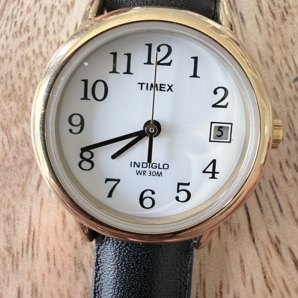 Timex T2H341 Easy Reader Indiglo Gold Tone Black Leather Watch White Dial - Picture 2 of 12